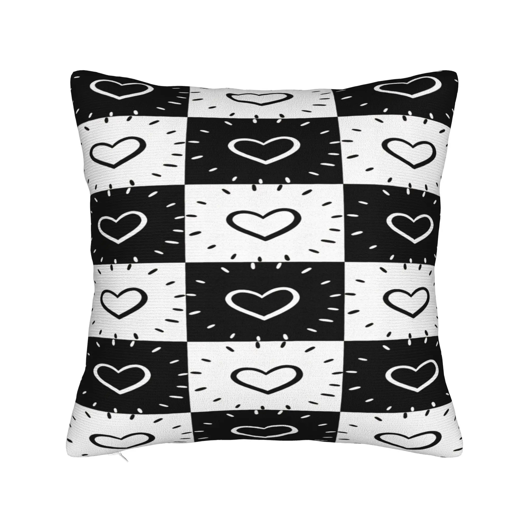 Black White Checkered Hand Drawn Heart Pillow Case  Soft Pillow Cover For Sofa Home Decor Kawaii Cushion Cover