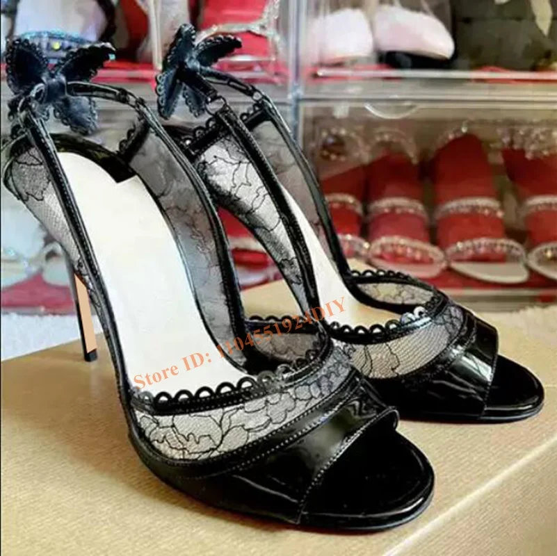

Black Lace Rhinestone Back Bowtie Knot High Heels Slim Heeled Open Toe Pumps Sexy Fish Mouth Hollow Mesh Women's Wedding Shoes