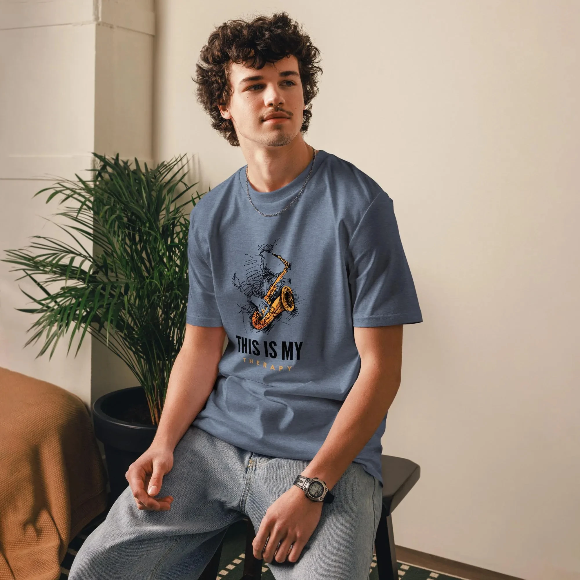 Summer New Men's  High-quality T-shirts Luxury Printed Top Saxophone Therapy T-Shirt Jazz Tee Organic Cotton for Musicians