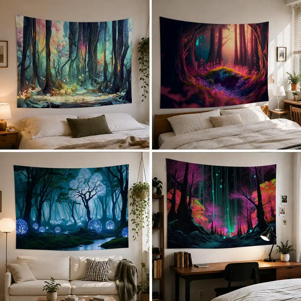 Fantasty Forest Tapestry Custom Living Bedroom Party Dormitory interior Wall bohemian Decoration Attached clip