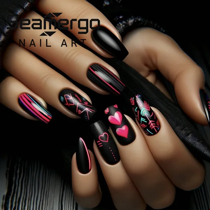 

24PCS Black Medium Coffin False Nails Pink Heart Sweet Cool Stripes Press on Nails Full Cover Wearable Square Fake Nails Patches