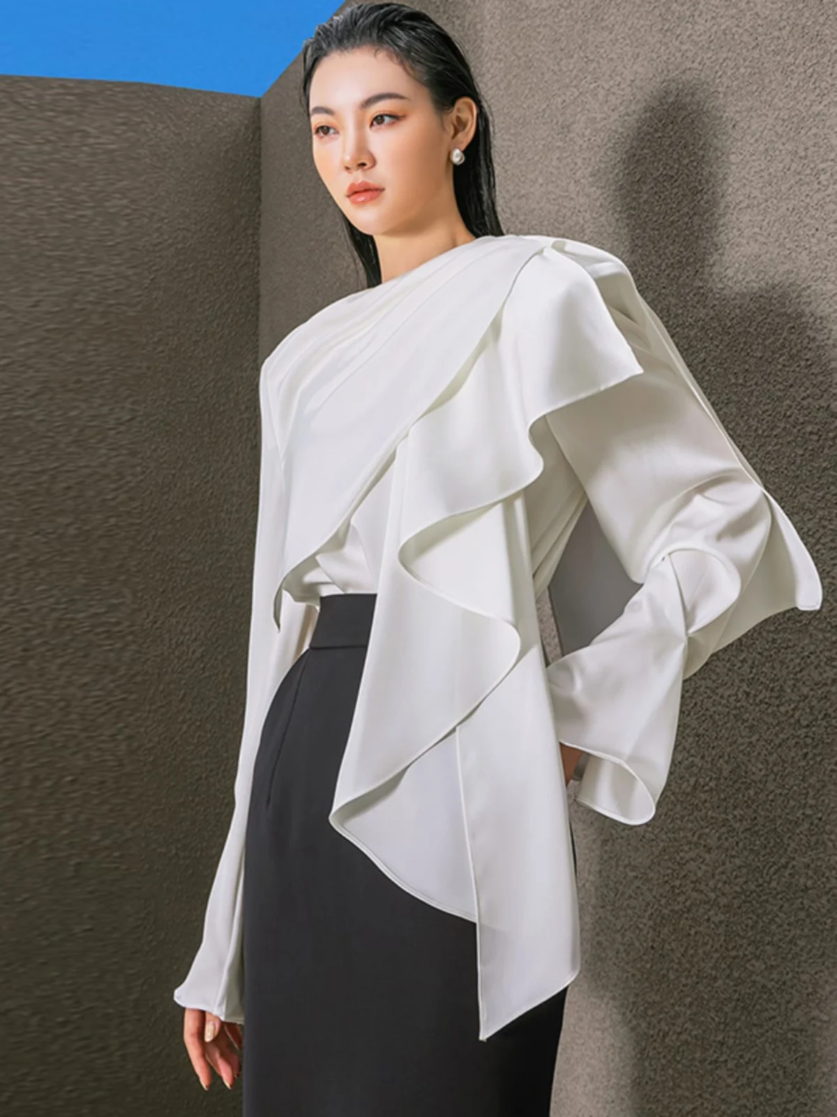 

Faionable Pleated awl Queen lectual Sle Spring Collection Women's irt Loose Fit Long Sve round Ne Polyester