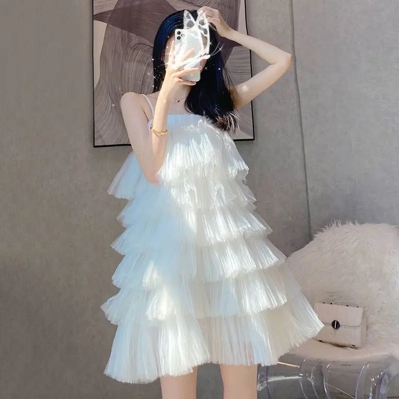 Sling Dress Sweet Korean Style Fashion Women 2024 New Large Size Spring Summer Lady Princess Gentle Wind White Cake Dress