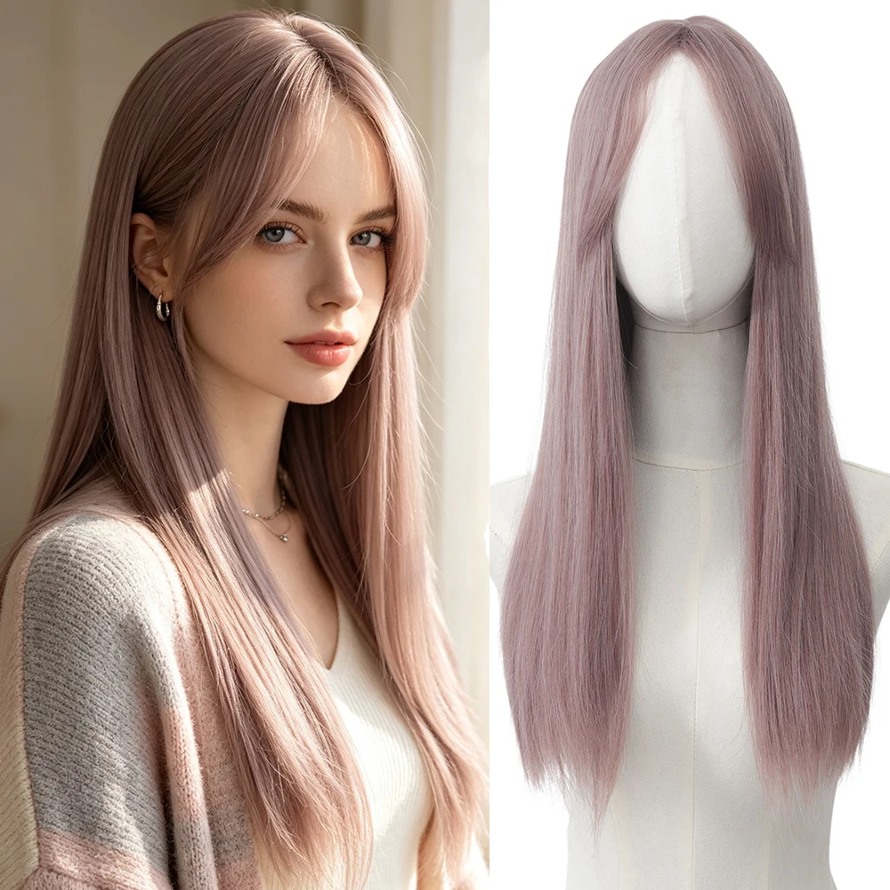 Synthetic 24 Inch Gray Pink Middle Part Curtain Bangs Long Straight Hair Wig Halloween Cosplay Heat Resistant Fiber