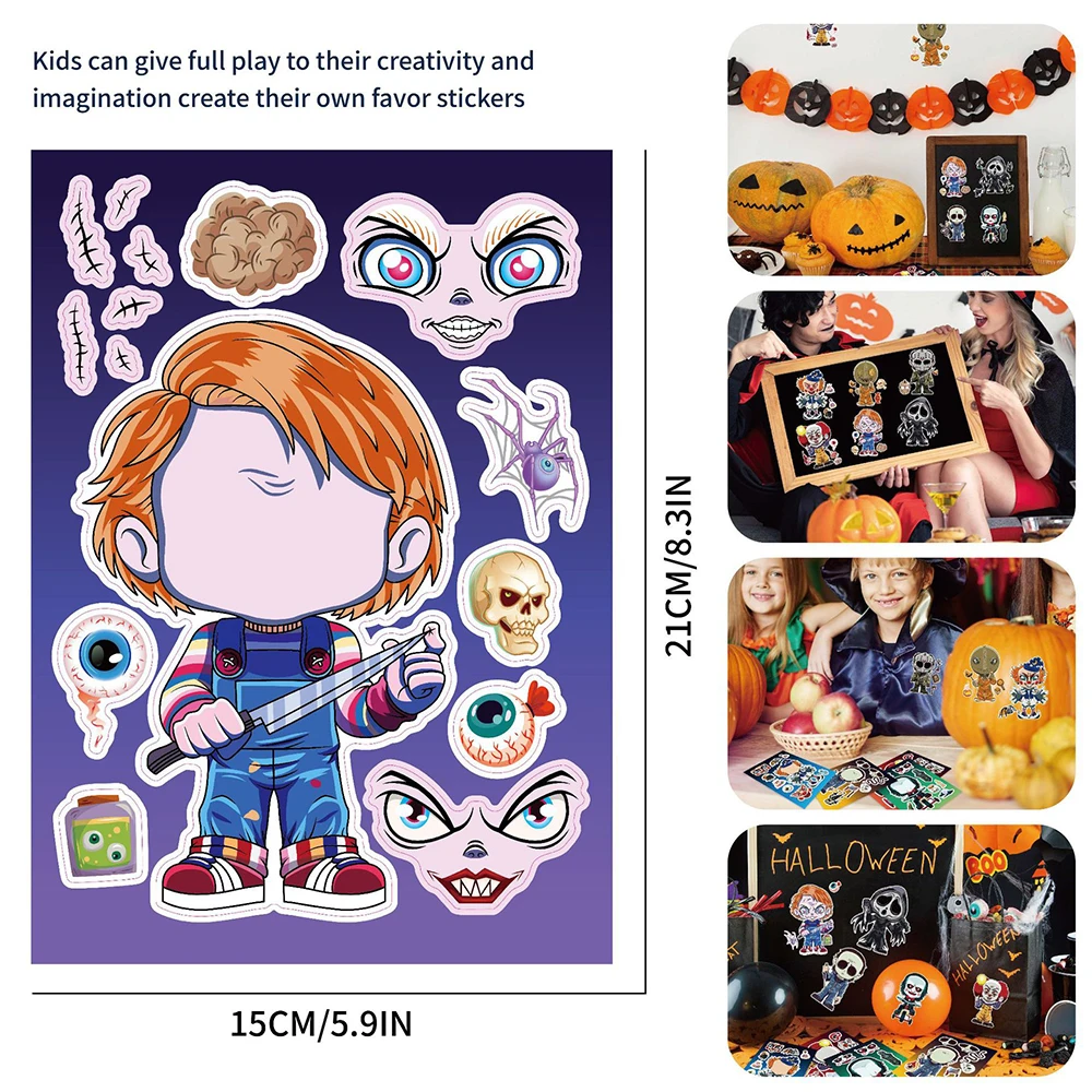 8/16Sheets Make a Face Horror Movie Puzzle Stickers Game Children DIY Toys Kids Assemble Jigsaw Hallowmas Party Decoration Gifts