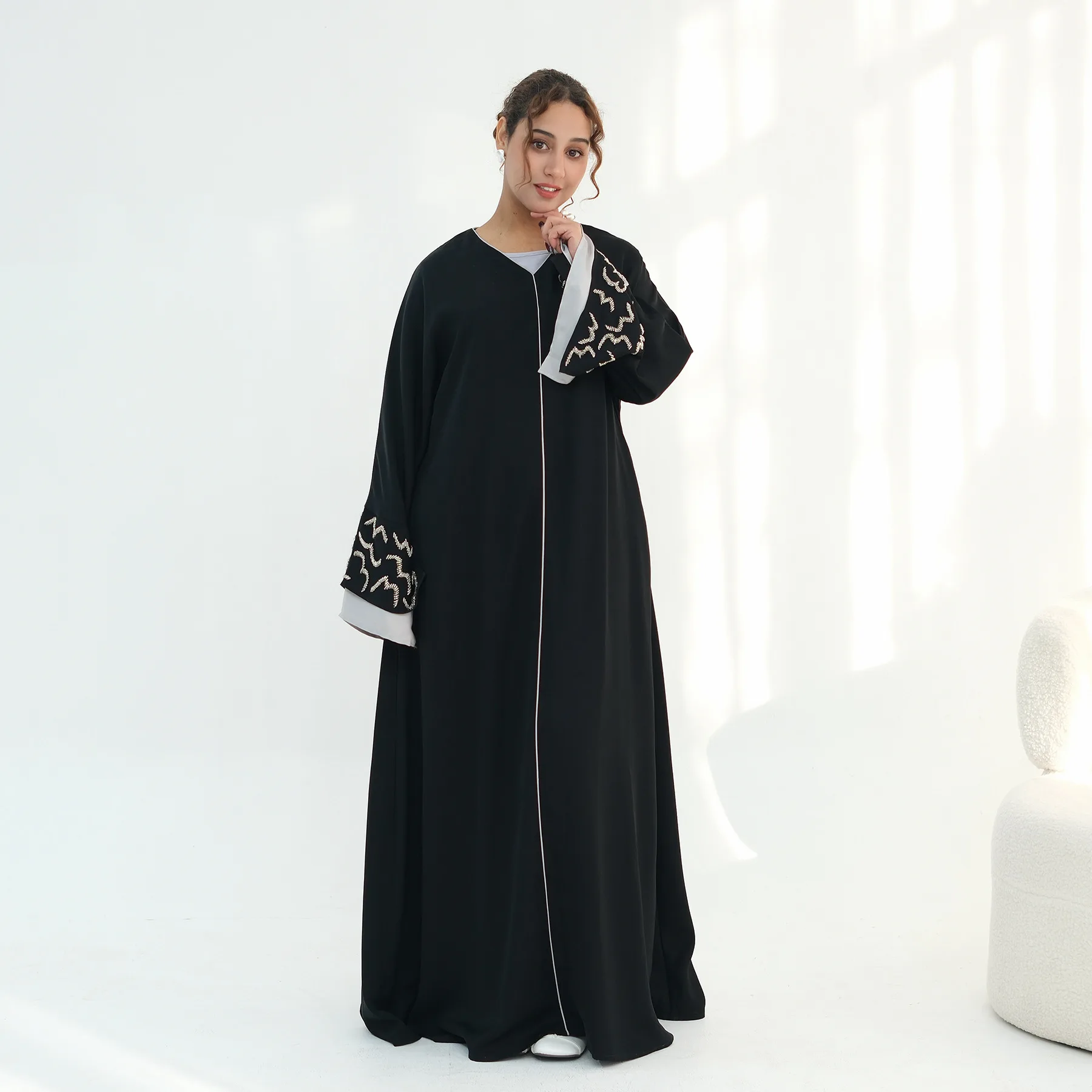 Dubai Offene Abaya Perlen Kimono Strickjacke Frauen Muslimischen Kleid Eid Abbayas Türkei Kaftan Kebaya Kaftan Marocain Frauen Kleid Jalabiya
