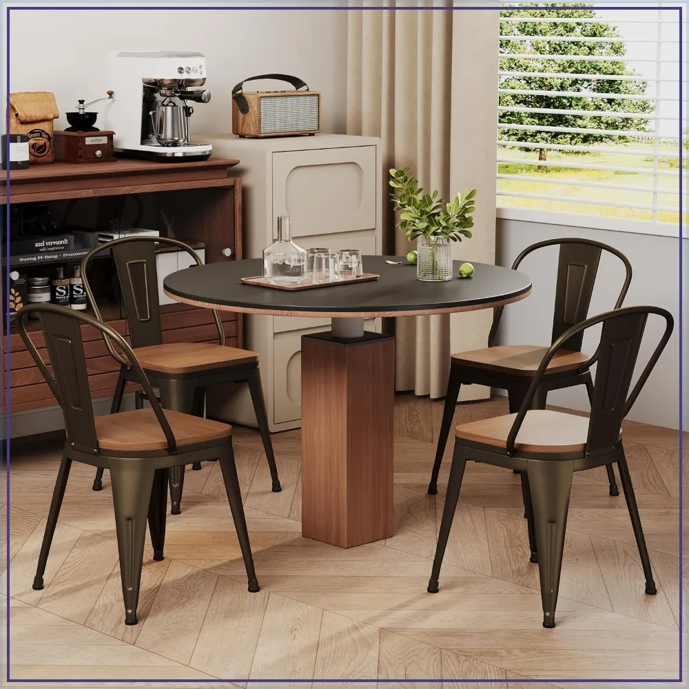 18 Inch Metal Dining Chairs Set of 4 Black Stackable Farmhouse Chairs with Back and Wooden Seat