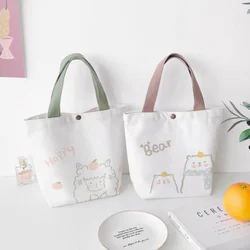 Mini bolso de mano de lona de algodón para mujer, bolsa de mano pequeña y sencilla con diseño de oso bonito, bolso de compras con decoración encantadora, bolso de Almuerzo