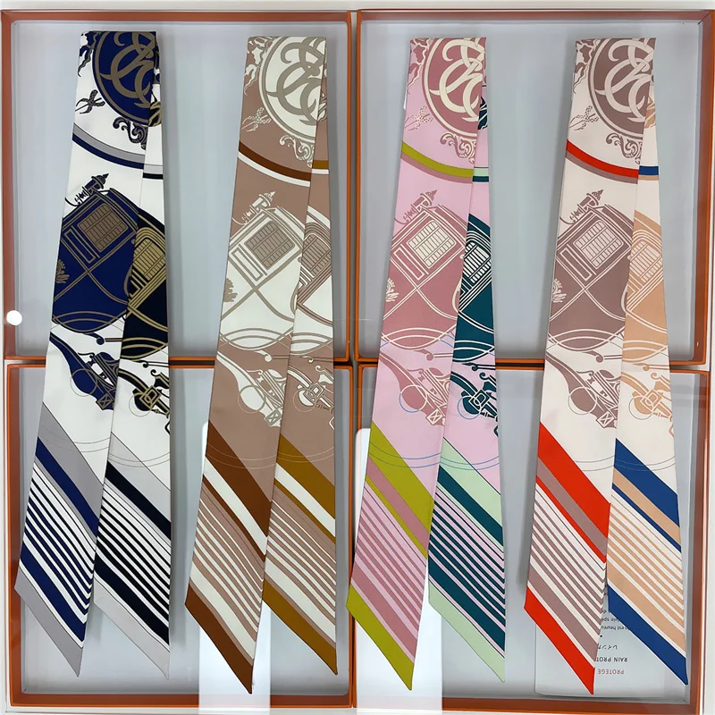 POBING Fashion Print 18m/m Twill Silk Scarves Women Luxury Brand Scarf Bag Ribbons Tie Head Scarf Small Long Skinny Scarf 86*5CM