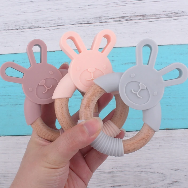 BPA Free Silicone Baby Teether Cartoon Rabbit Wooden Ring Newborn Handhold Teething Toys Rodent Molar Play Gym Educational Toy