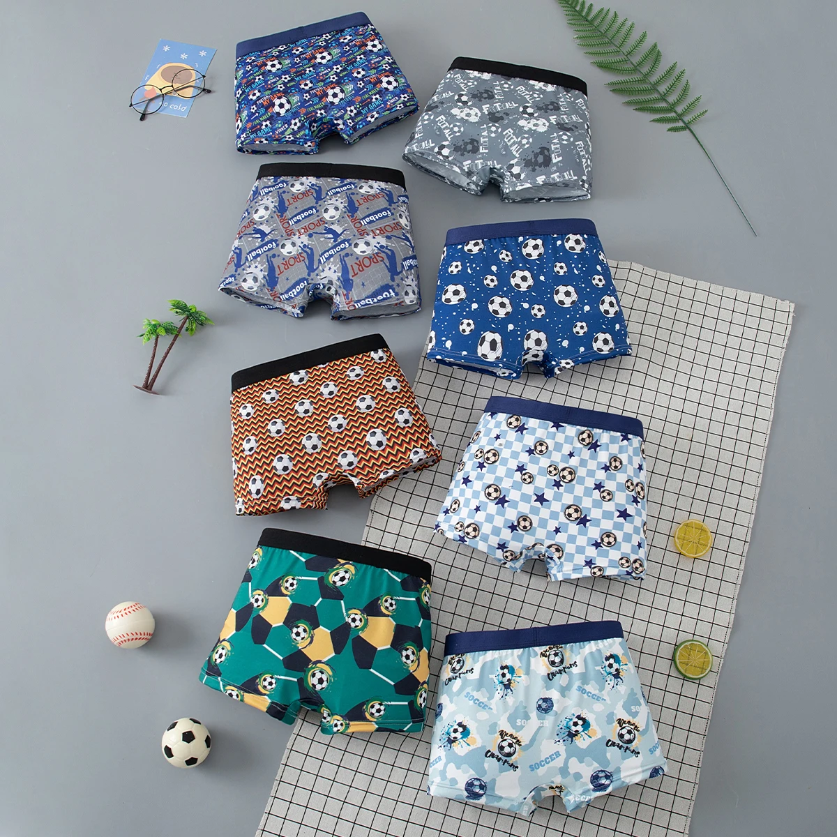 8/4-Piece Set of Cute Soccer Printed Underwear for Children, Soft and Comfortable Boxer Shorts for Boys, Casual Base Home Shorts