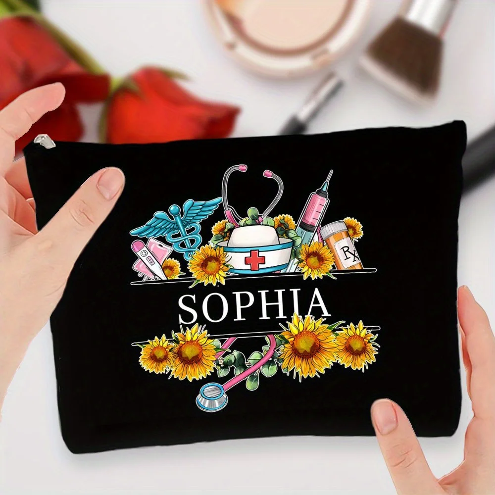 Personalized Nurse Makeup Bag Custom Name Medical Themed Design with Stethoscope Sunflower Compact Cosmetic Pouch for Nursing