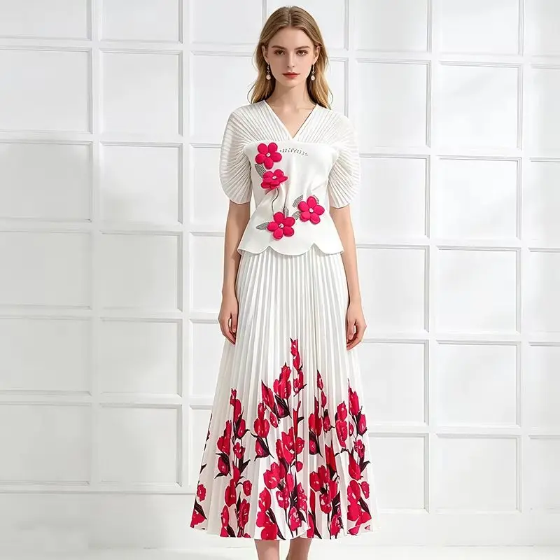 

Miyake Fold Women's Two-Piece Set Spring Summer 2026 Casual High-Stretch T-shirt Skirt Suit with Designer Flower Beading