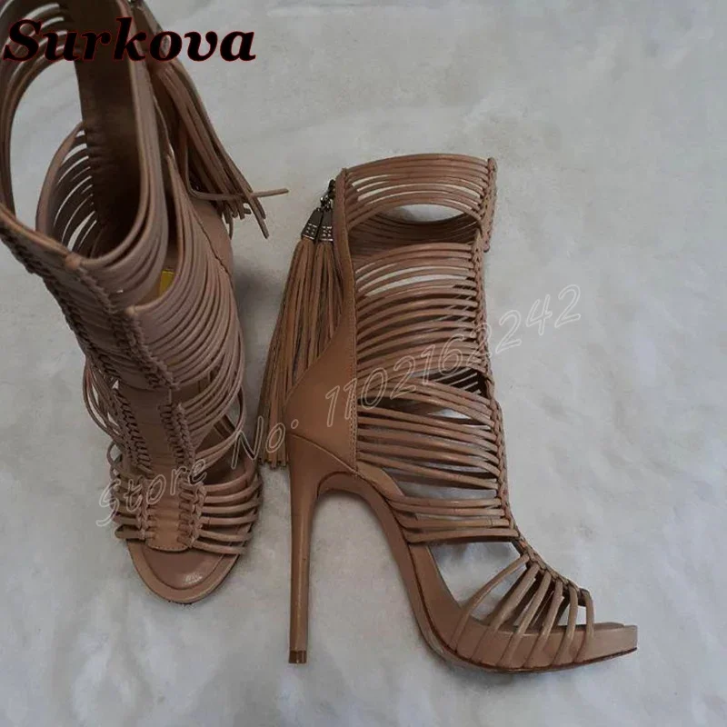 

Open Toe Tassel Summer Women'S Boots Round Head Stiletto Back Zipper Breathable Sandals Sexy Party Black T-Stage High Heels 47