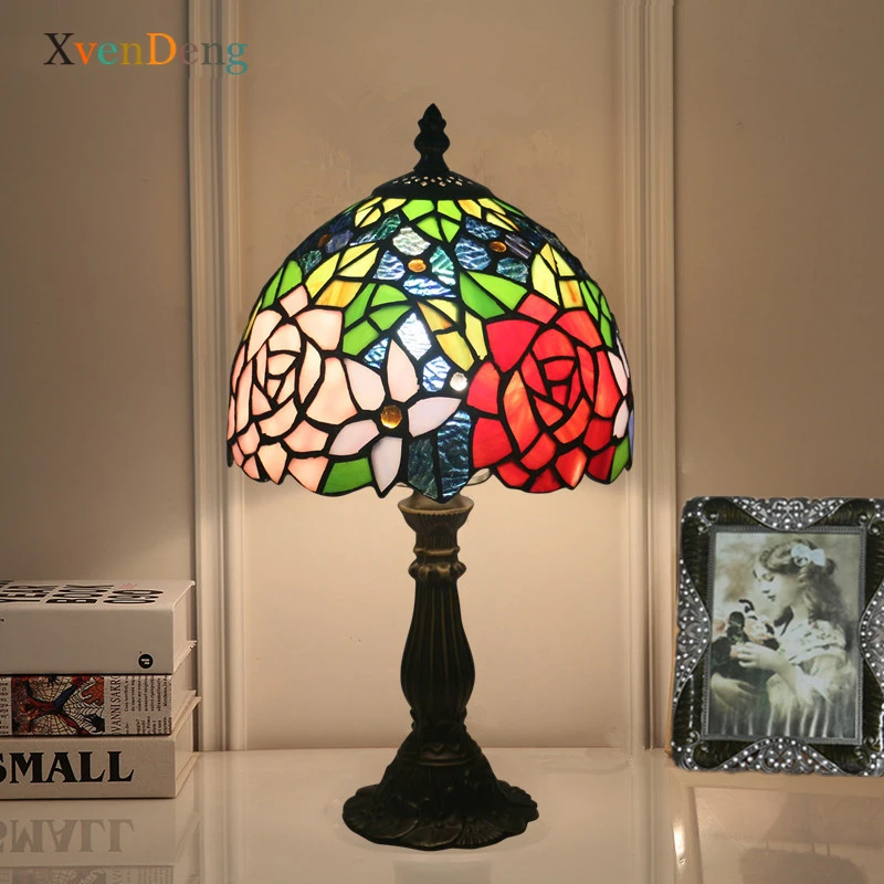 

Tiffany Flower Glass Table Lamps Bedroom Bedside Lamp Kitchen Bar Dining Room Living Room Decor Desk Lamp Retro Iron LED Lights