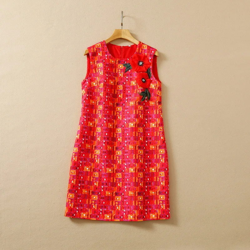 

European and American women's summer 2022 new Sleeveless flower decoration round collar Fashionable red jacquard dress