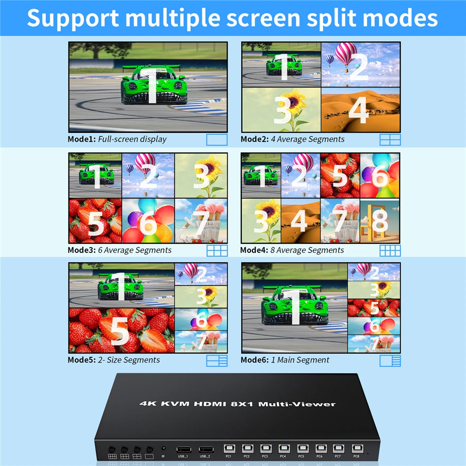 4K HDMI-compatible KVM Multiviewer Switch 8 In 1 Out 1080P Quad Screen Multi Viewer HDMI Multi-Viewer Seamless Switcher with IR