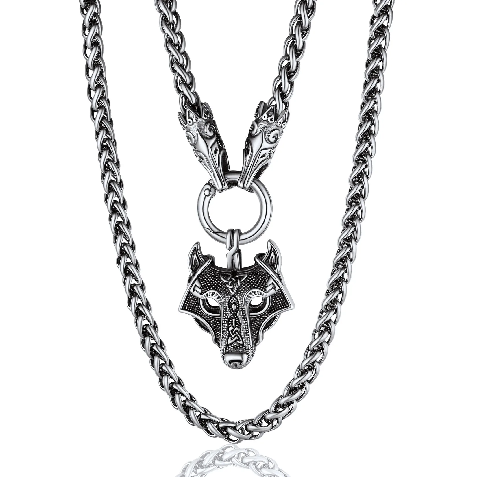 ChainsPro Men Chunky Fenrir Wolf Necklace, with 28inches Chain, Stainless Steel Norse Viking Jewelry, Gold Plated/Black