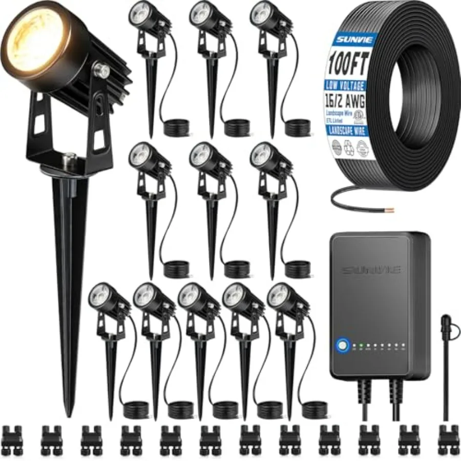 

All-in-One LED Low Voltage Landscape Lighting Kit, 12-Pack Landscape Lights with Transformer 100FT Wire and Connectors, 3000K W