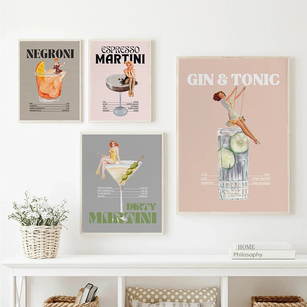 Retro Drink Cocktail With Cowgirl Poster Whiskey Gin And Tonic Mojito Canvas Painting Wall Art Pictures Home Bar Decor Gift