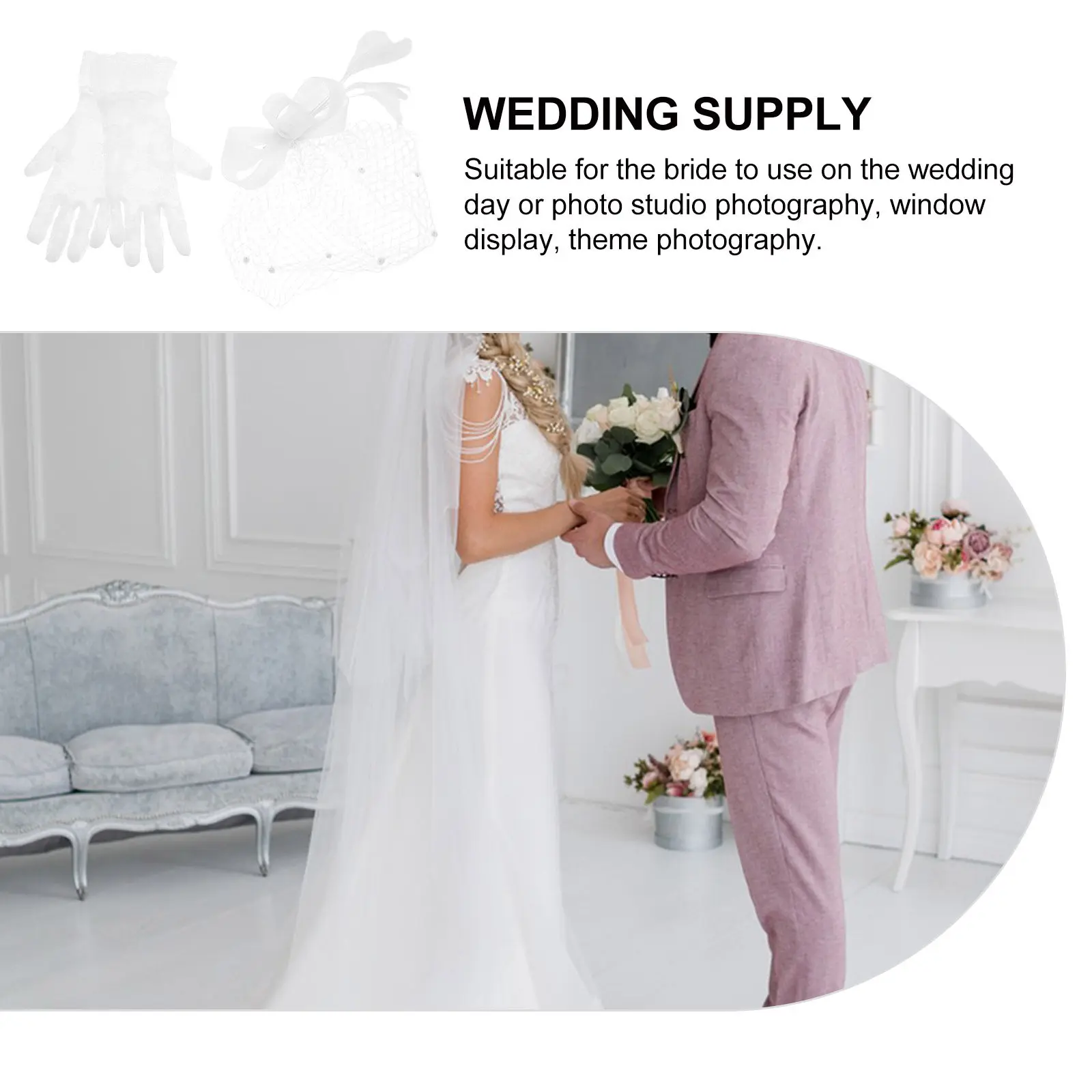 

1Set Elegant Plumage Bridal Headpiece with Delicate Mesh Clip Lace Gloves Set for Wedding Bridesmaid Tea Party Banquet Evening