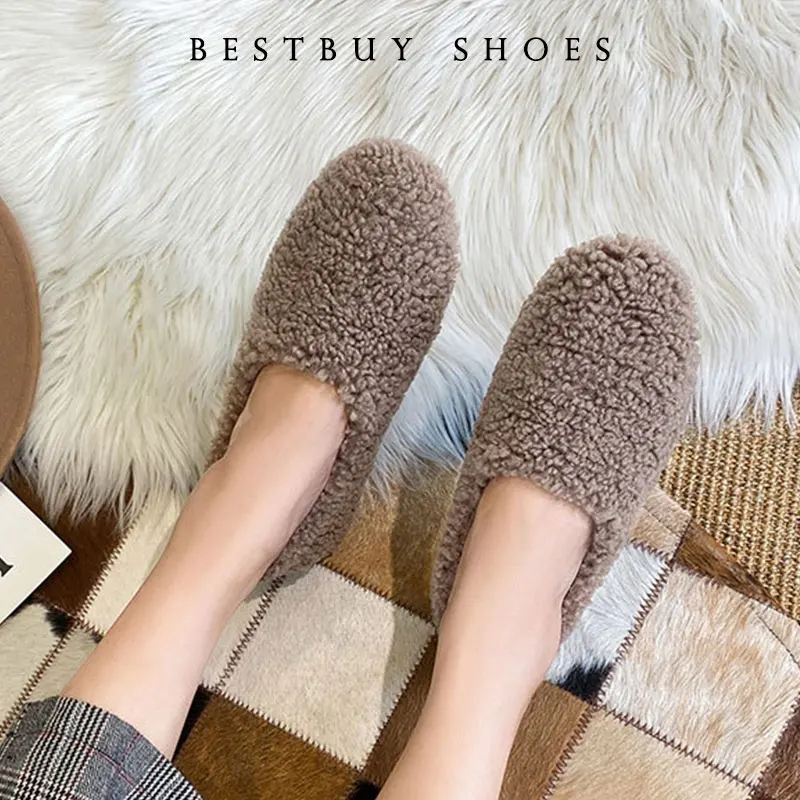 

Size 33-43 Luxury Moccasins Femme Winter Cotton Shoes Women Warm Plush Loafers Comfy Curly Sheep Fur Flats Woman Shoes