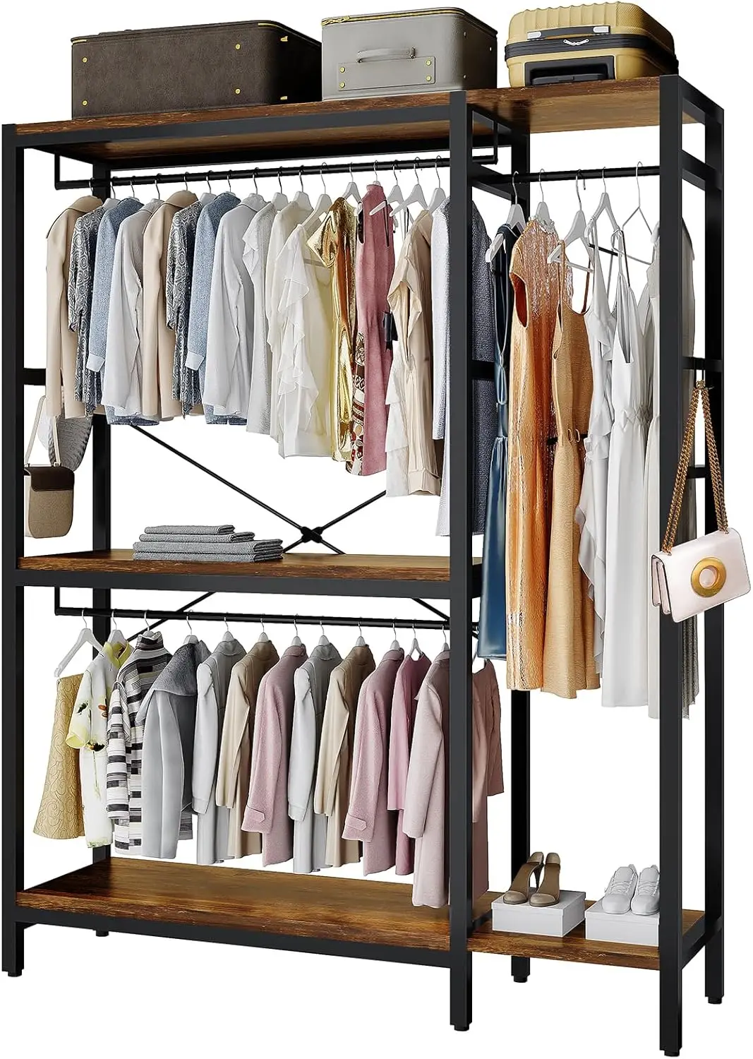 

Rack, Heavy Duty Garment Rack for Clothes, Clothing Racks with Shelves and 4 Side Hooks, Freestanding Metal Wooden Closet Organi