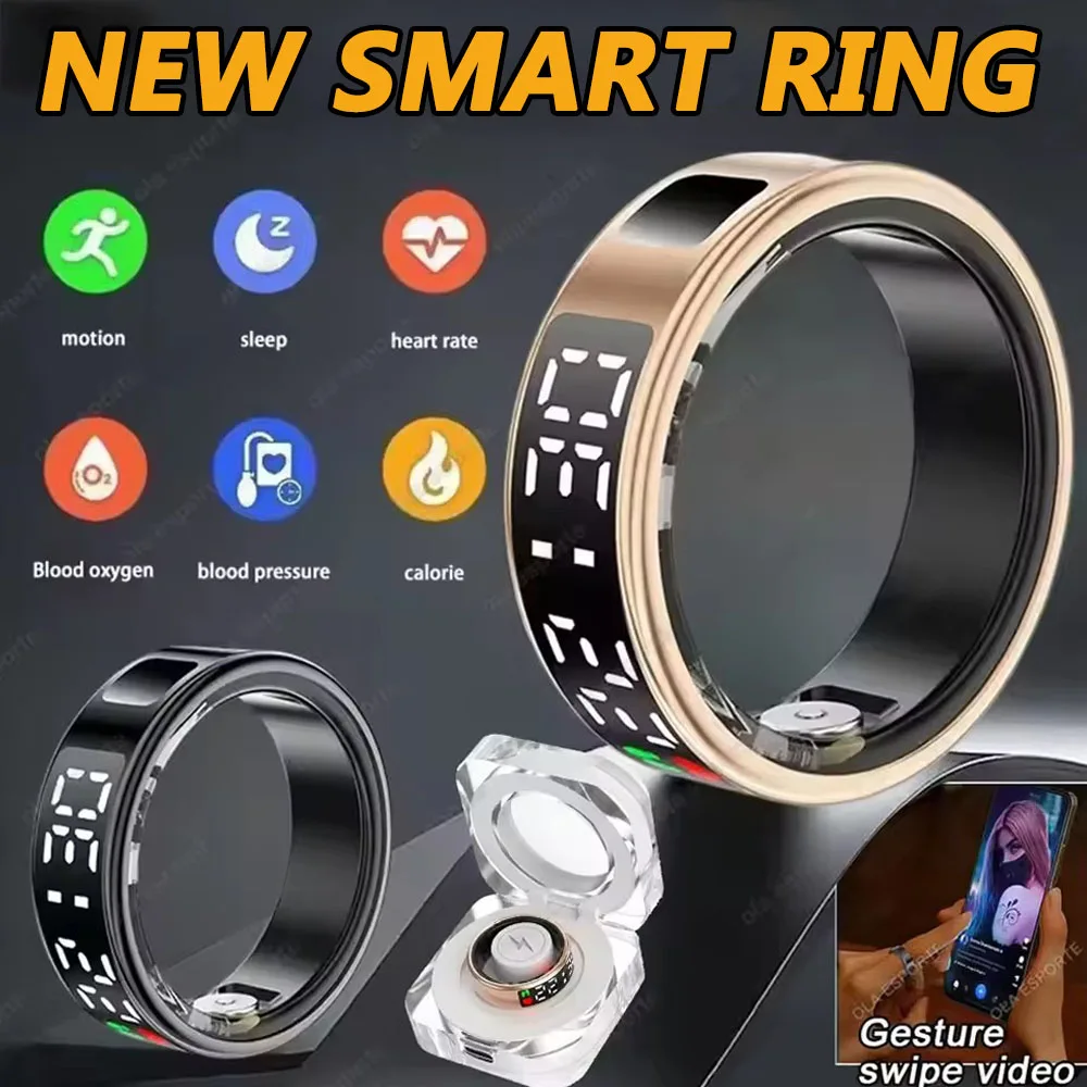 

Smart Ring For Men Women LED Display Screen Heart Rate Blood Oxygen Monitoring Multi Sport Modes IP68 & 5ATM Waterproof Pk SR08