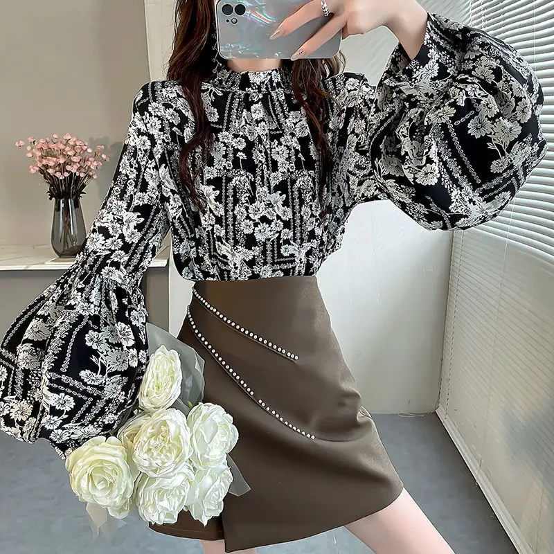 2024 New Summer Elegant Fashion Sweet Loose Casual Women\'s Clothing Chinese Style Floral Polyester Turtleneck Long Sleeve Tops