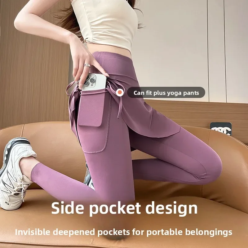 

High Waist Fake Two Piece Leggings with Pocket Tennis Skirted Yoga Pants for Women Workout Running Training Drawstring Design