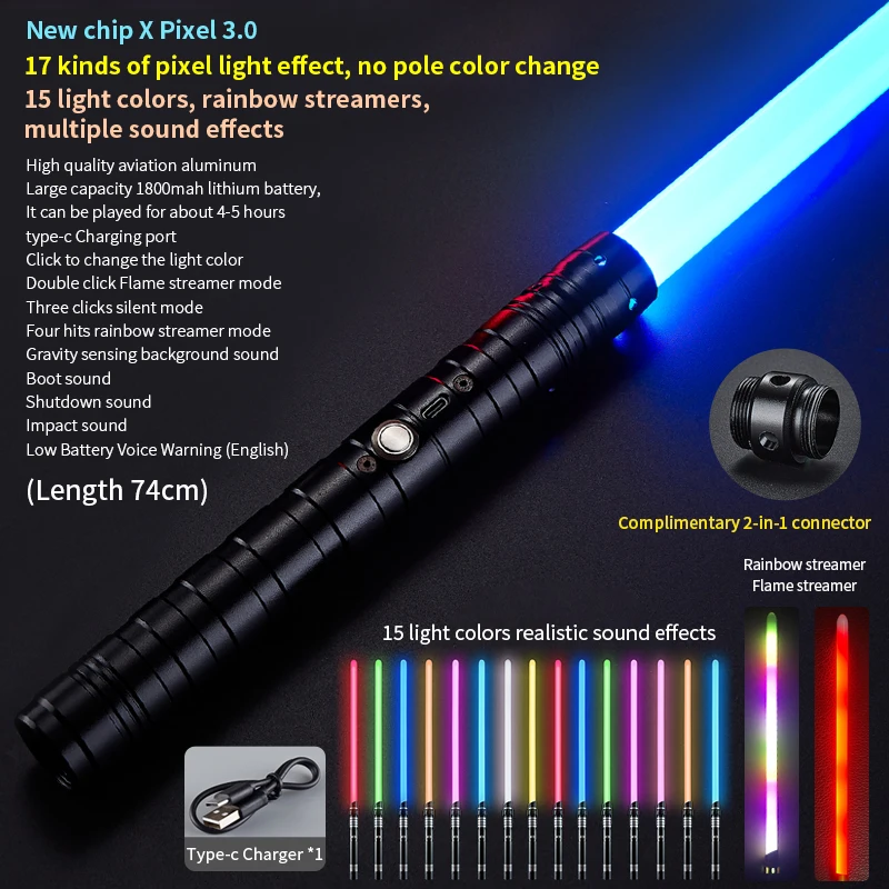 

REikirc Lightsaber 17 Pixel 15 Colors Light Effects Light Saber Metal Laser Sword Rechargeable Toys Party Luminous Swords