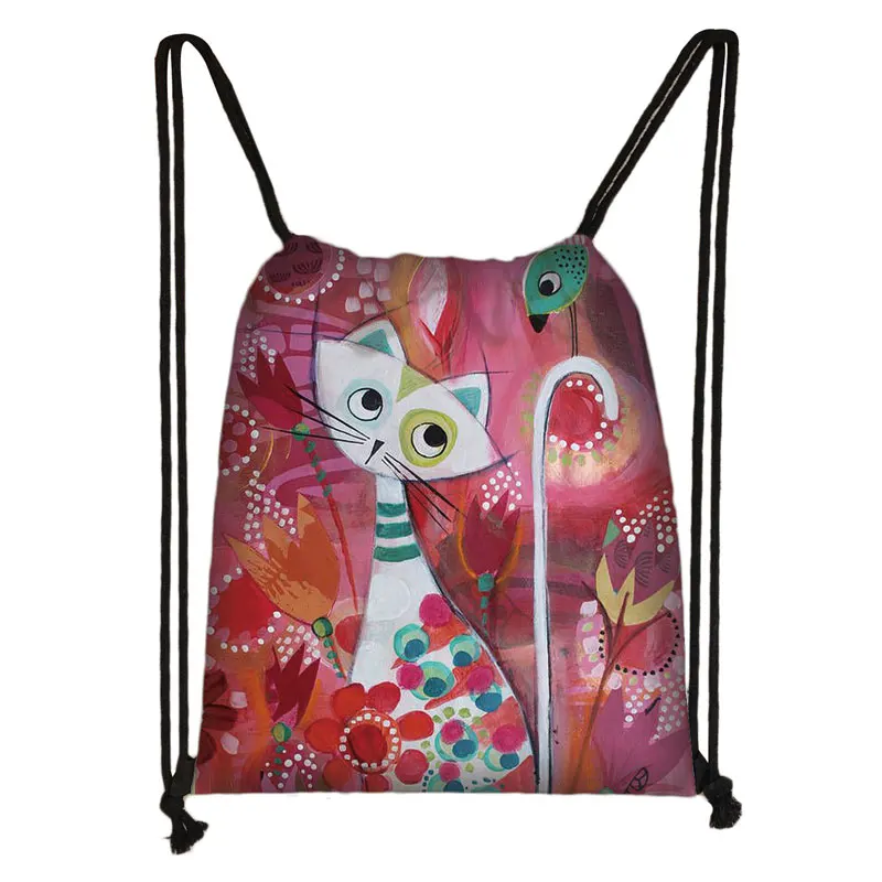 Mochila de lona con estampado de gato y Animal para mujer, bolsa de almacenamiento con cordón, bonita Imagen de gato de dibujos animados, mochila de