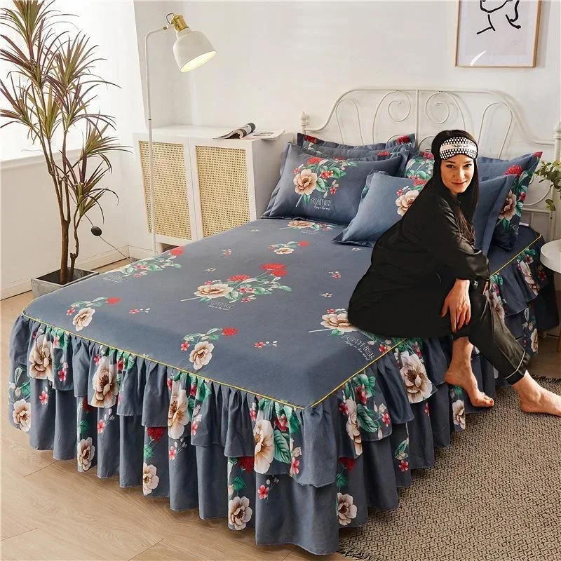 Double Layer Ruffled Bedroom Solid/Flower Pattern Cotton Bed Skirt Coverlets Elastic Tight Dust Cover Bedding