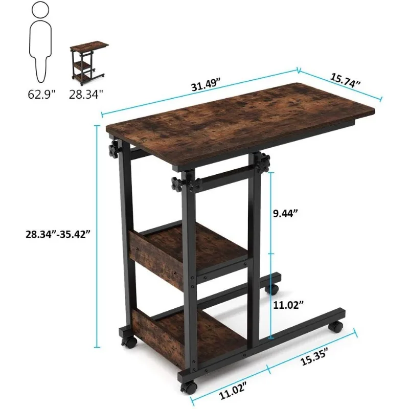 Adjustable C Table with Wheels, Mobile Snack Side End Tables Sofa Couch Bedside Laptop Rolling Cart TV Tray with Storage Shelves