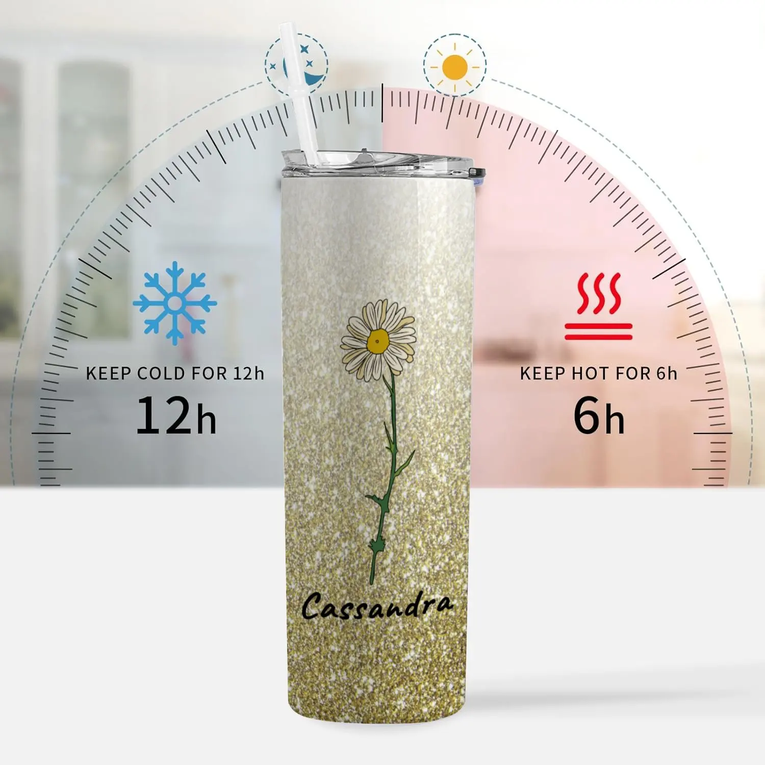 Custom Tumblers with Lid Straw Custom Name and Birth Month Flower Water Bottle 304 Stainless Steel Vacuum Flask Travel Tumbler