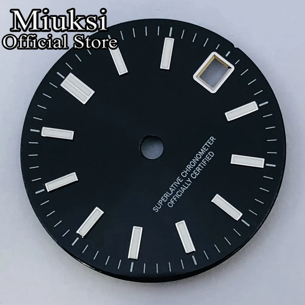 Miuksi 29mm black gold red blue watch dial green luminous dial fit NH35 movement fit 3 o\'clock crown 3.8 o\'clock crown