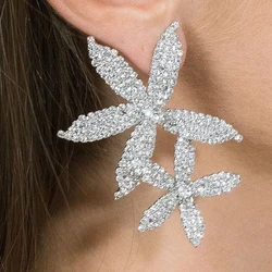 Exquisite Bling Rhinestone Flower Drop Earrings High Quality Jewelry Exaggerated Big Earrings Crystals Double Flower Shape