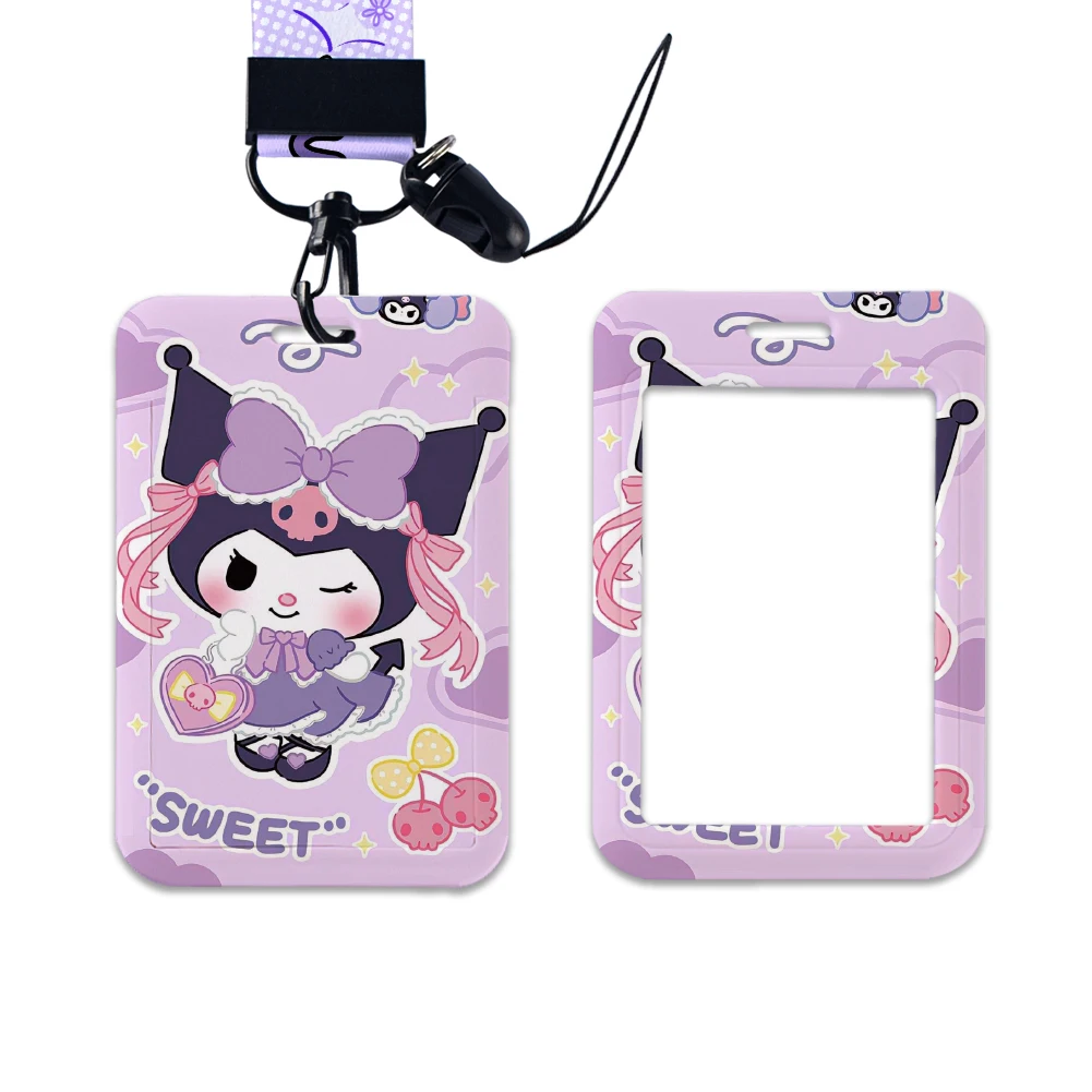 W tempat kartu kerja, lencana nama izin kerja dengan gantungan kunci Sanrio Kuromi pak kartu Id siswa Lanyard pemegang dompet