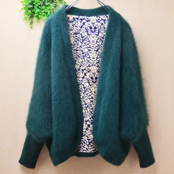 04 Female Women Fall Winter Green Thick Warm hairy Mink Cashmere Knitted Long Batwing Sleeves Loose Cardigans Jacket Sweater Top