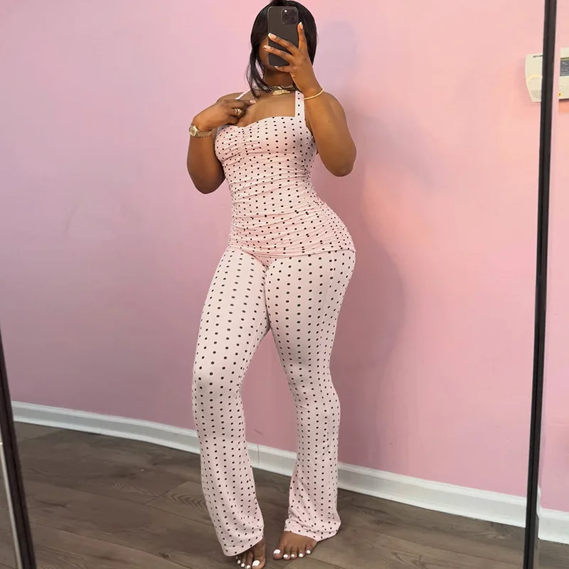 

Women Polka Dots Print 2 Piece Set Ruched Lace Up Halter Backless Tanks Top + Lapel High Waist Flare Pants Casual Street Suits