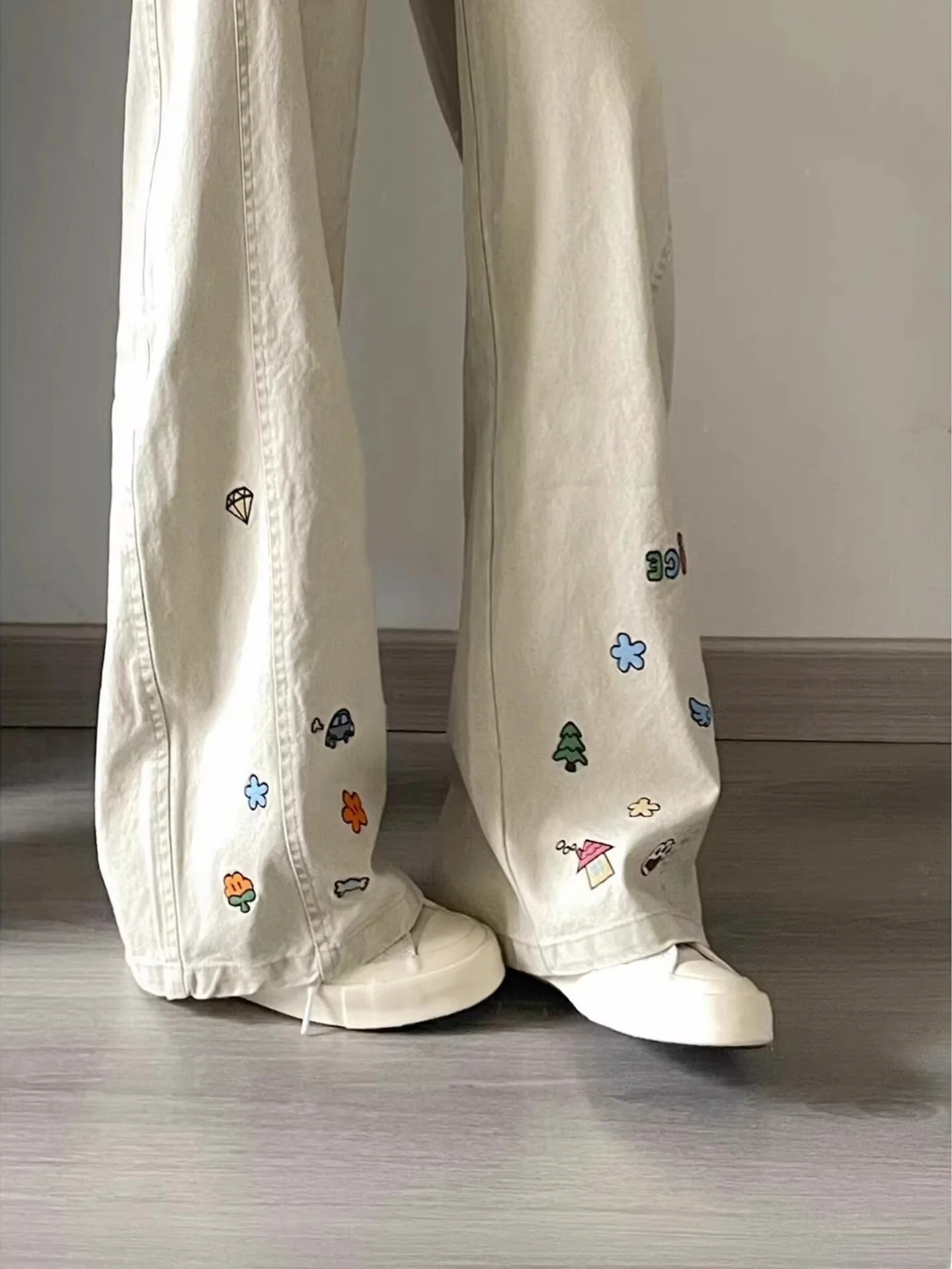 

Американские ретро-джинсы с мультяшной вышивкой, прямые, свободного кроя, весенний дизайн, брюки-«нож» для мужчин и женщин