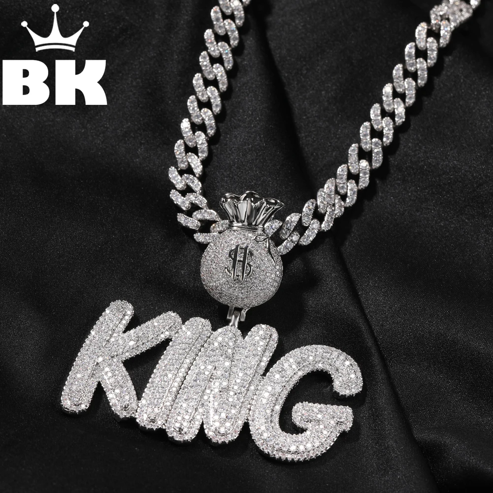 THE BLING KING Bubble Letter Custom Name Necklace For Men Micro Pave Cubic Zircon Money Bag Clasp Dollar Sign DIY HipHop Jewelry