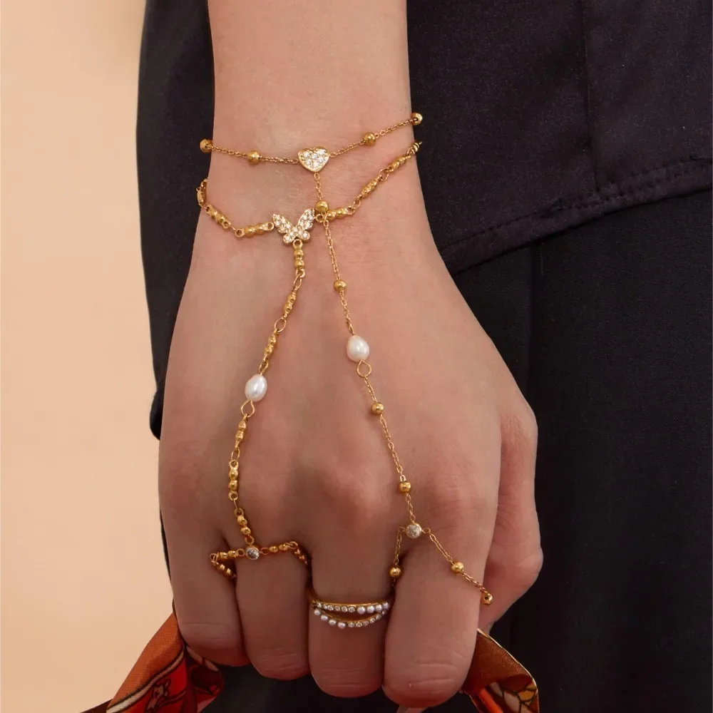 

Dainty Hand Chain Bracelet In Stainless Steel 18k Gold Plated With Cubic Zirconia Shiny Zircon Handchain Bracelets For Women