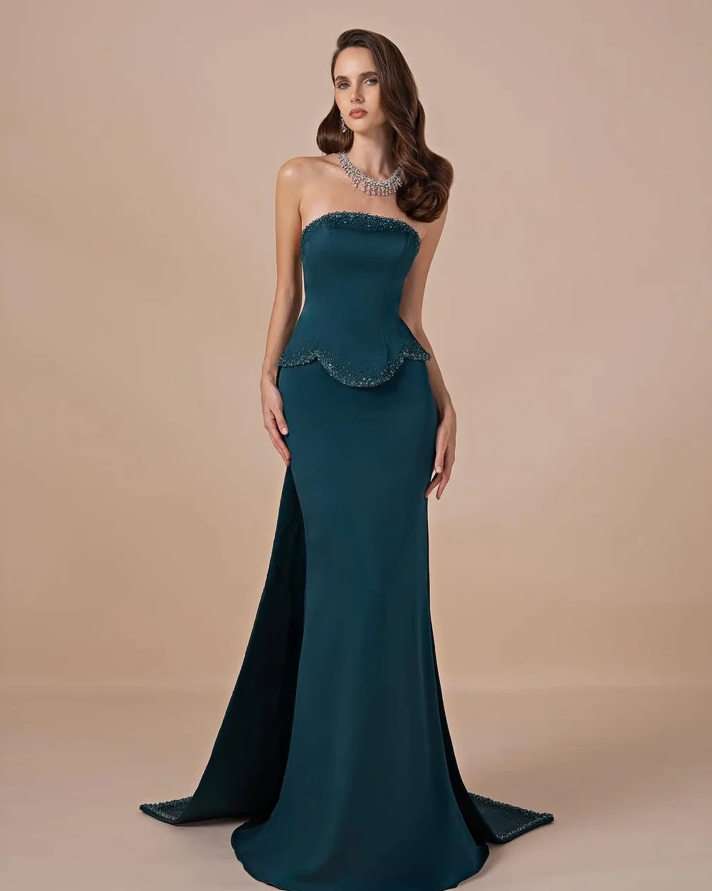 Customized Luxury Intricate Jersey Beading Sequined Mermaid Strapless Long Dresses Evening Dresses Sizes Available High Quality
