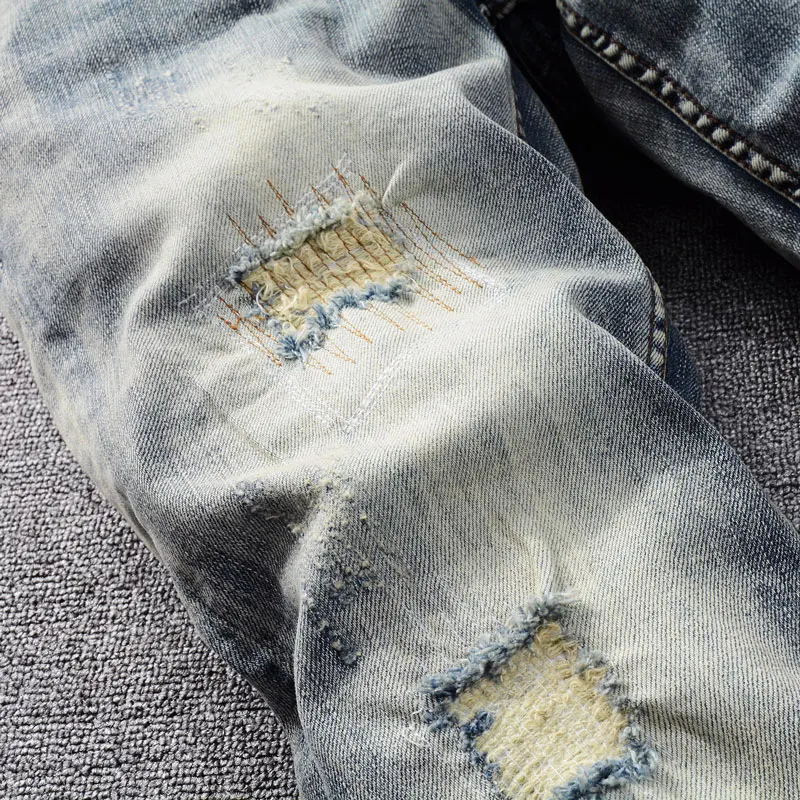 Newly Designer Fashion Men Jeans Retro Washed Blue Elastic Stretch Slim Fit Ripped Jeans Men Patched Vintage Denim Pants Hombre