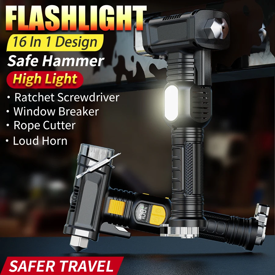 16-in-1 Broken Window LED Flashlight USB Rechargeable Zoom Flashlight Emergency COB Distress Signal Beeping Sound Security Torch