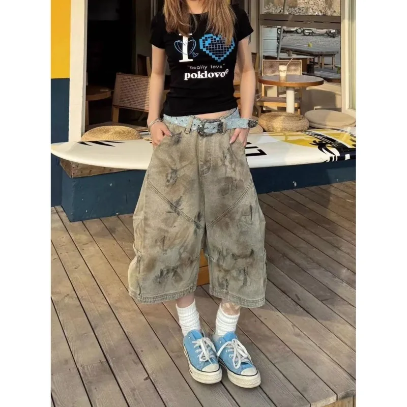 

Женские джинсовые капри с широкими штанинами в американском стиле, с эффектом потертости, средней посадки, весна-лето 2026, новинка, уникальный дизайн