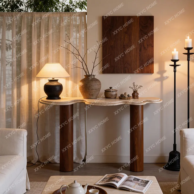 XX natural travertine entrance table Long narrow table Extremely narrow solid wood end view table