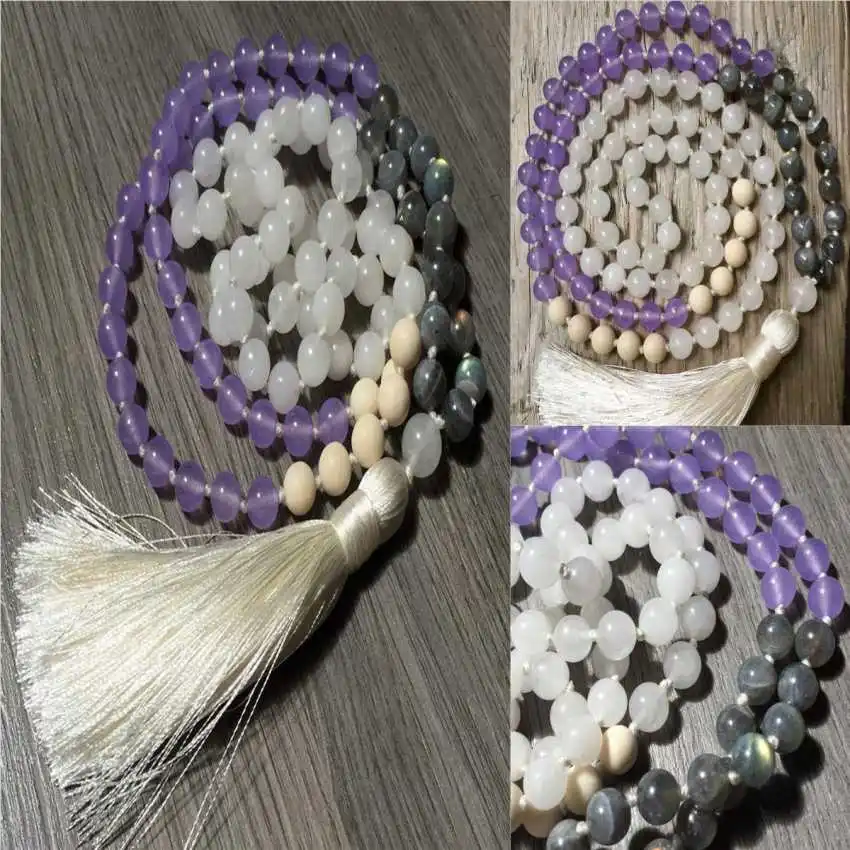 8mm Natural Labradorite Amethyst 108 Beads Tassel Necklace Rustic Sacred wear Women Choker Trendy Mala Yoga