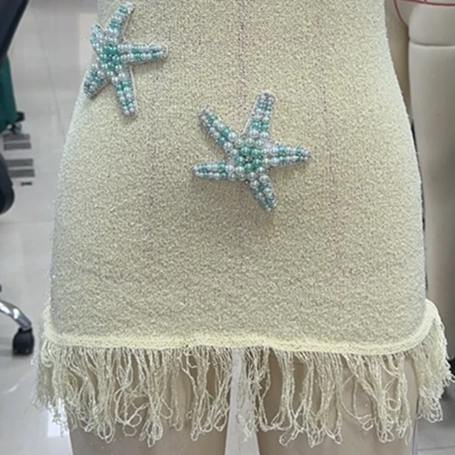 Mini abito da donna lavorato a maglia con canotta sottile con perline stella marina scollo rotondo cinturino per spaghetti orlo con nappa abito aderente per i viaggi quotidiani